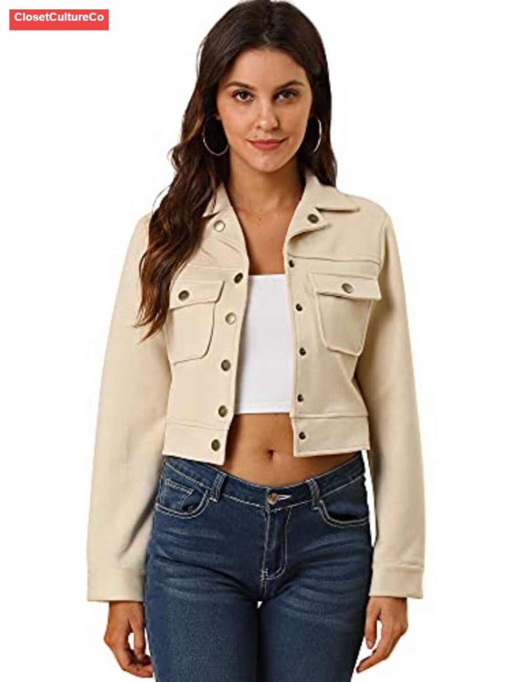 Allegra K Faux Suede Crop Jacket Button Down Notched Collar Casual